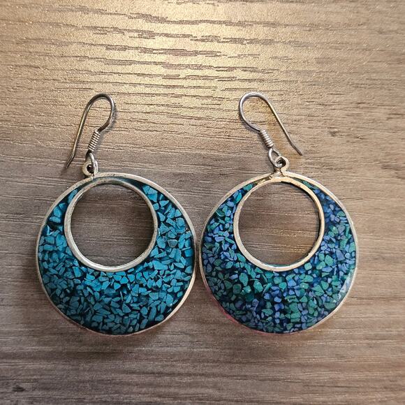 Vintage Alpaca Silver & Crushed Turquoise Dangle Hoop Earrings - Picture 4 of 4